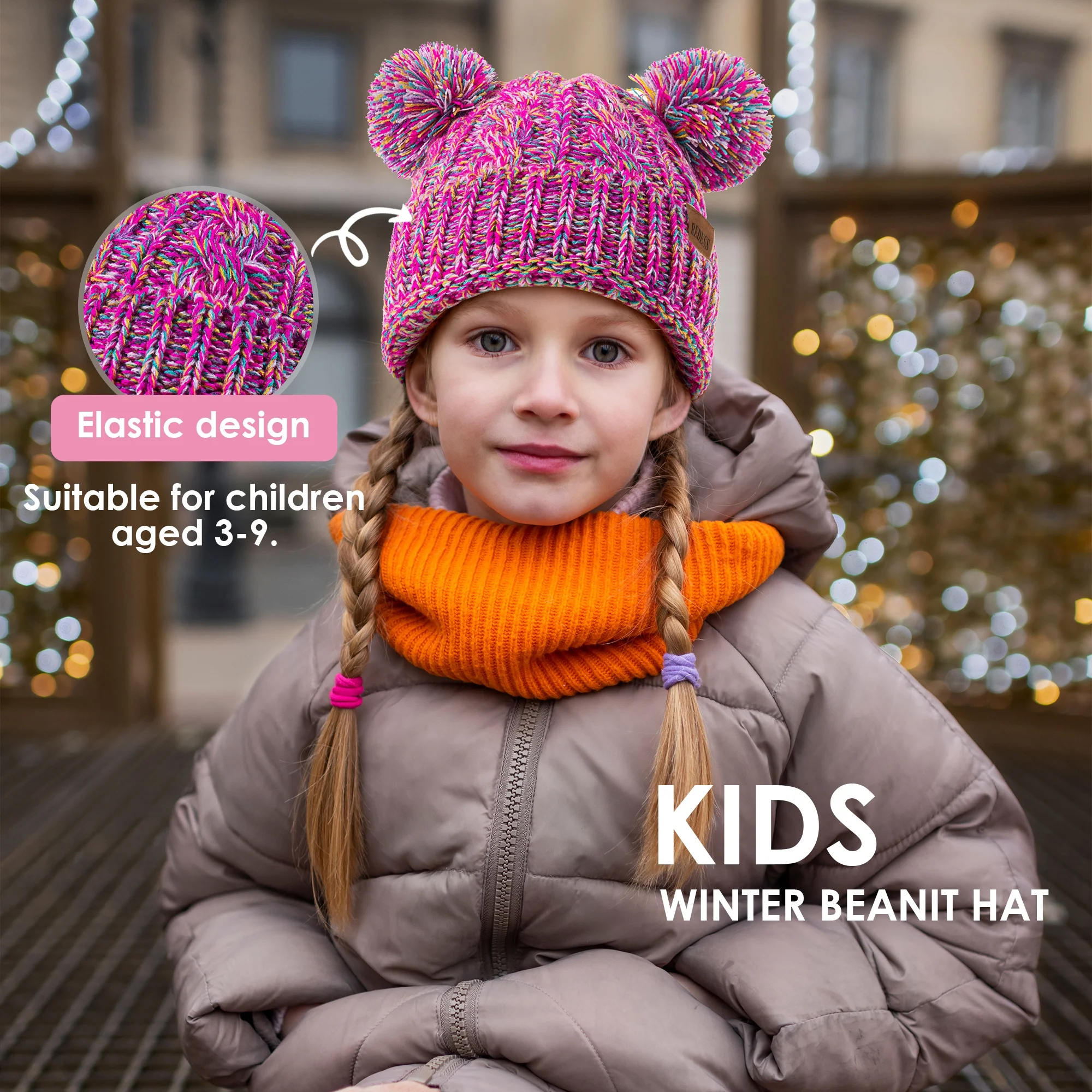 REDESS Kids Winter Beanie Hat with Two Pom-Pom for Girls 3-9 Year Old,Beige - Image 5