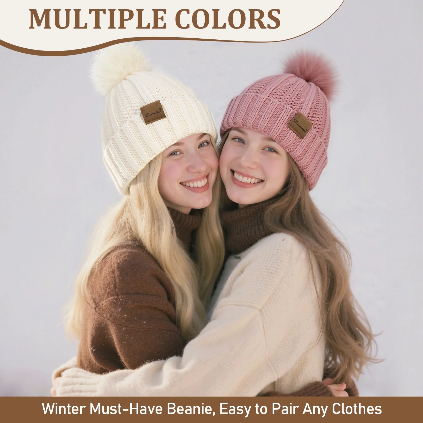 Loritta 2 Packs Womens Satin Silk Lined Beanie Knit Hat Woman Winter Hat with Pom White and Pink - Image 2