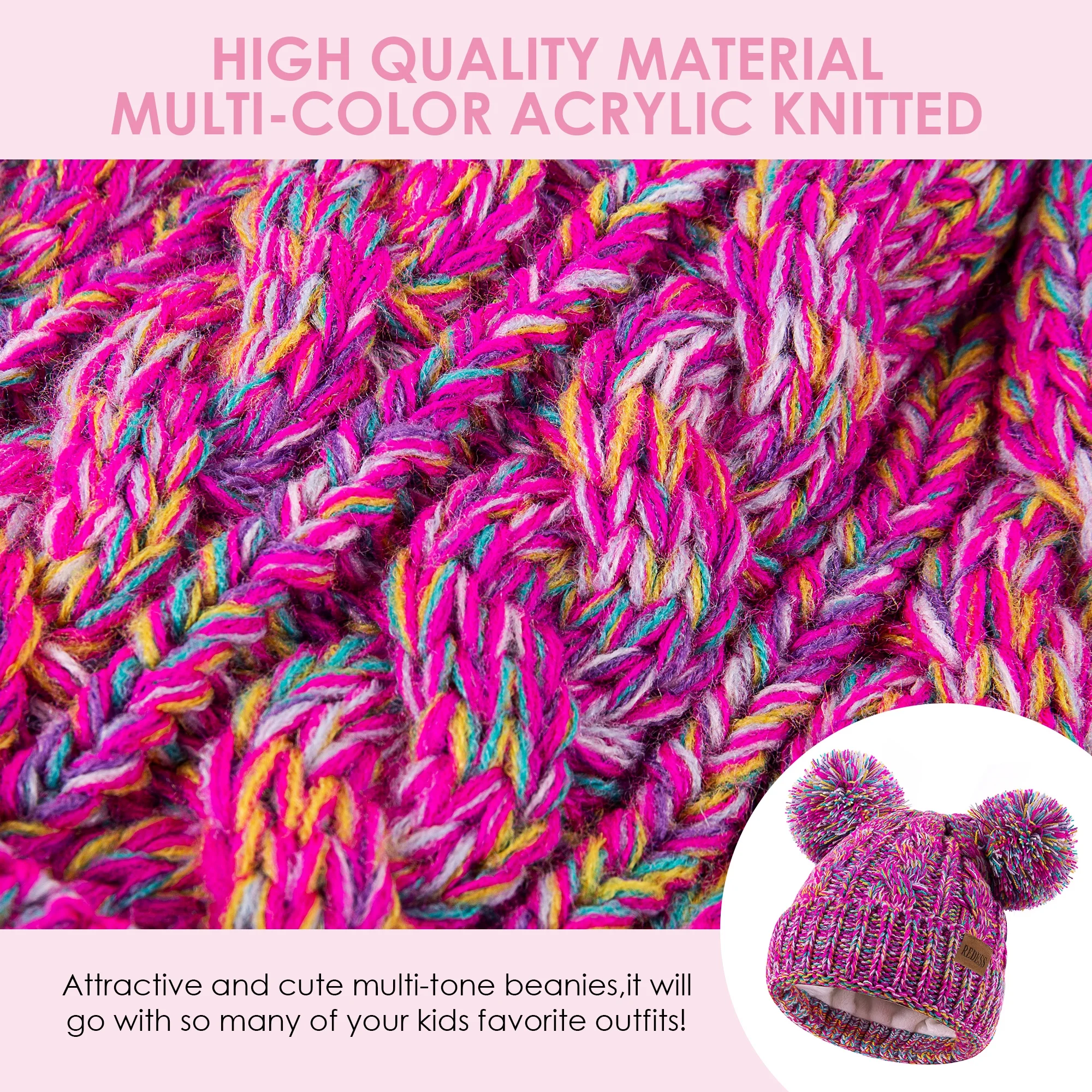 REDESS Kids Winter Beanie Hat with Two Pom-Pom for Girls 3-9 Year Old,Beige - Image 3