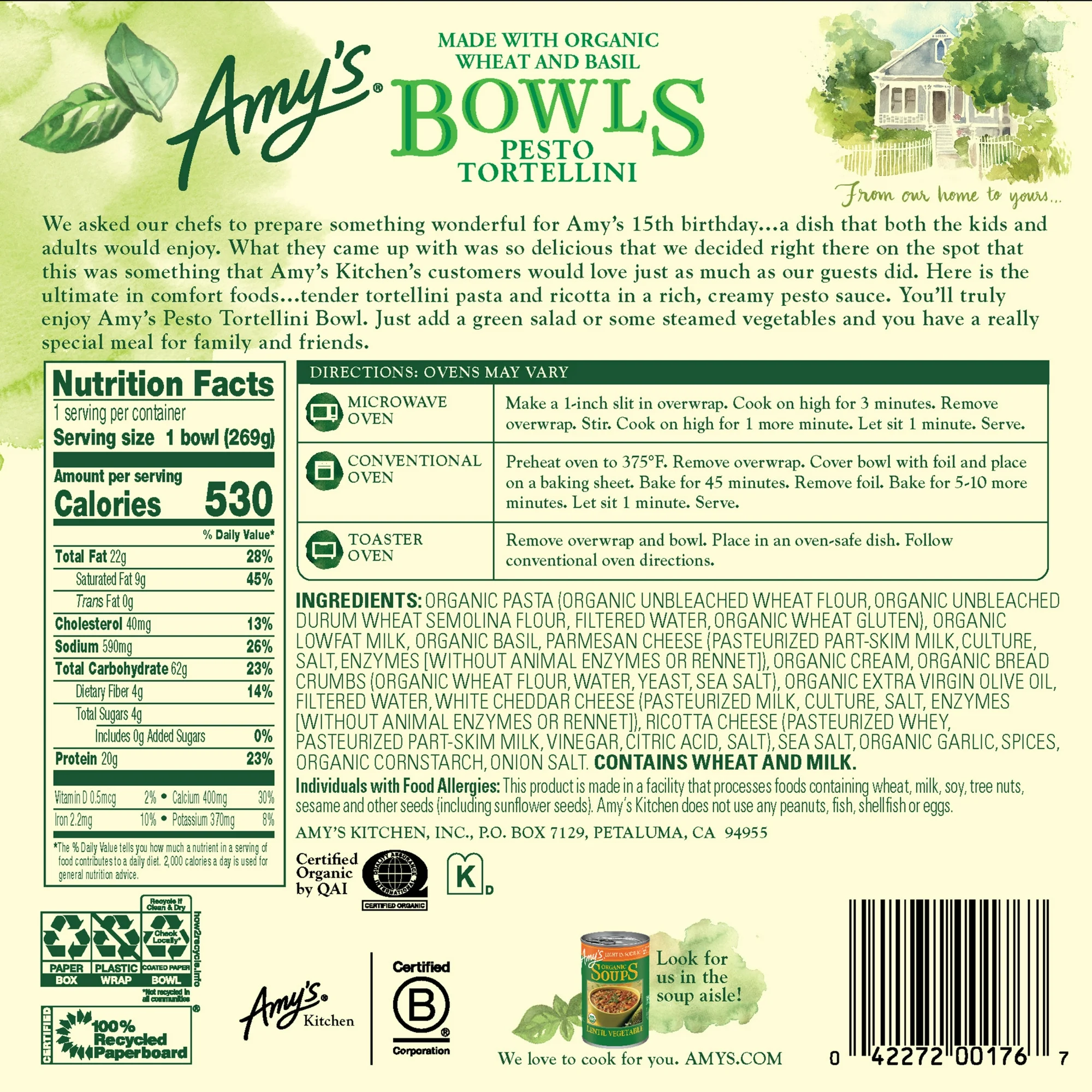 Amy's Frozen Meals, Pesto Tortellini Bowl, Microwave Meals, 9.5 oz - Image 2