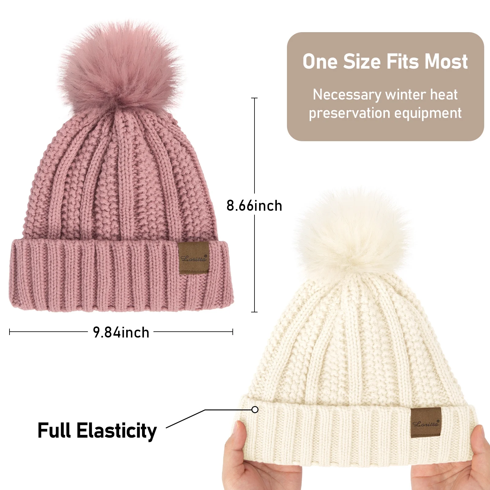 Loritta 2 Packs Womens Satin Silk Lined Beanie Knit Hat Woman Winter Hat with Pom White and Pink - Image 4