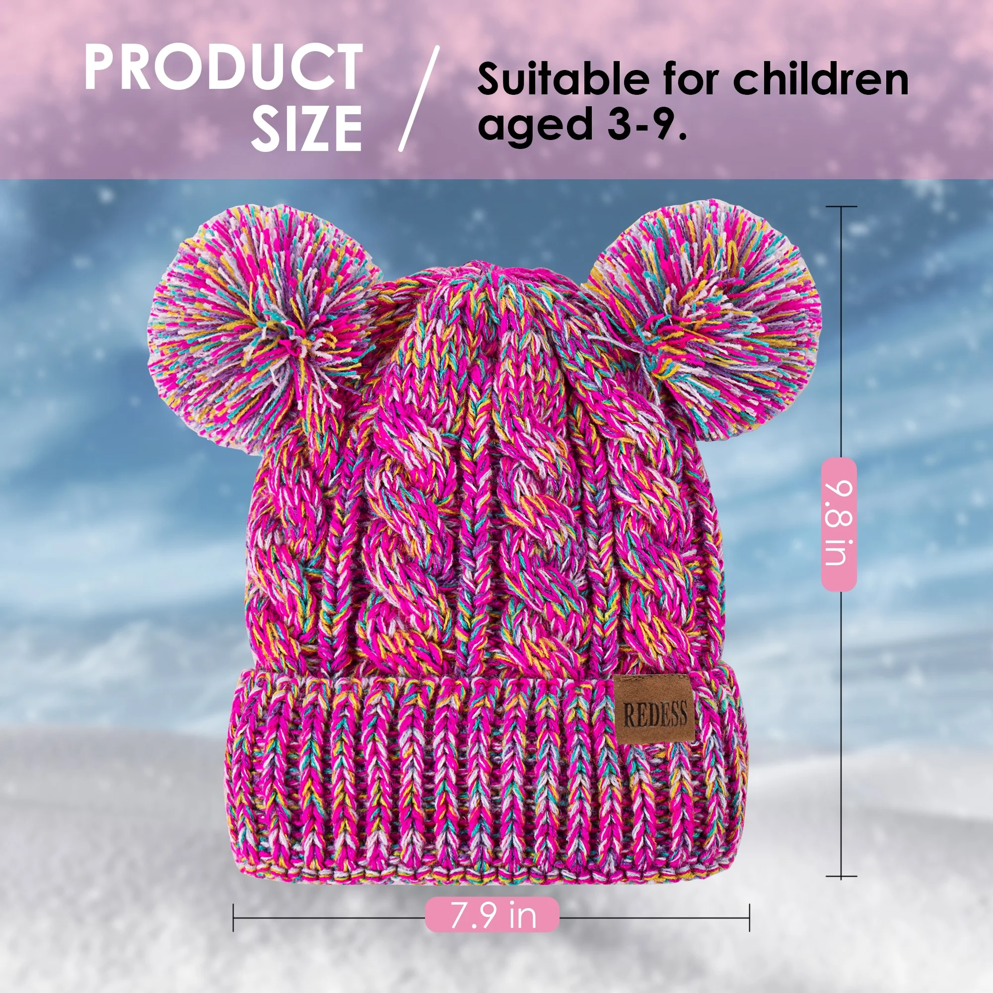 REDESS Kids Winter Beanie Hat with Two Pom-Pom for Girls 3-9 Year Old,Beige - Image 4