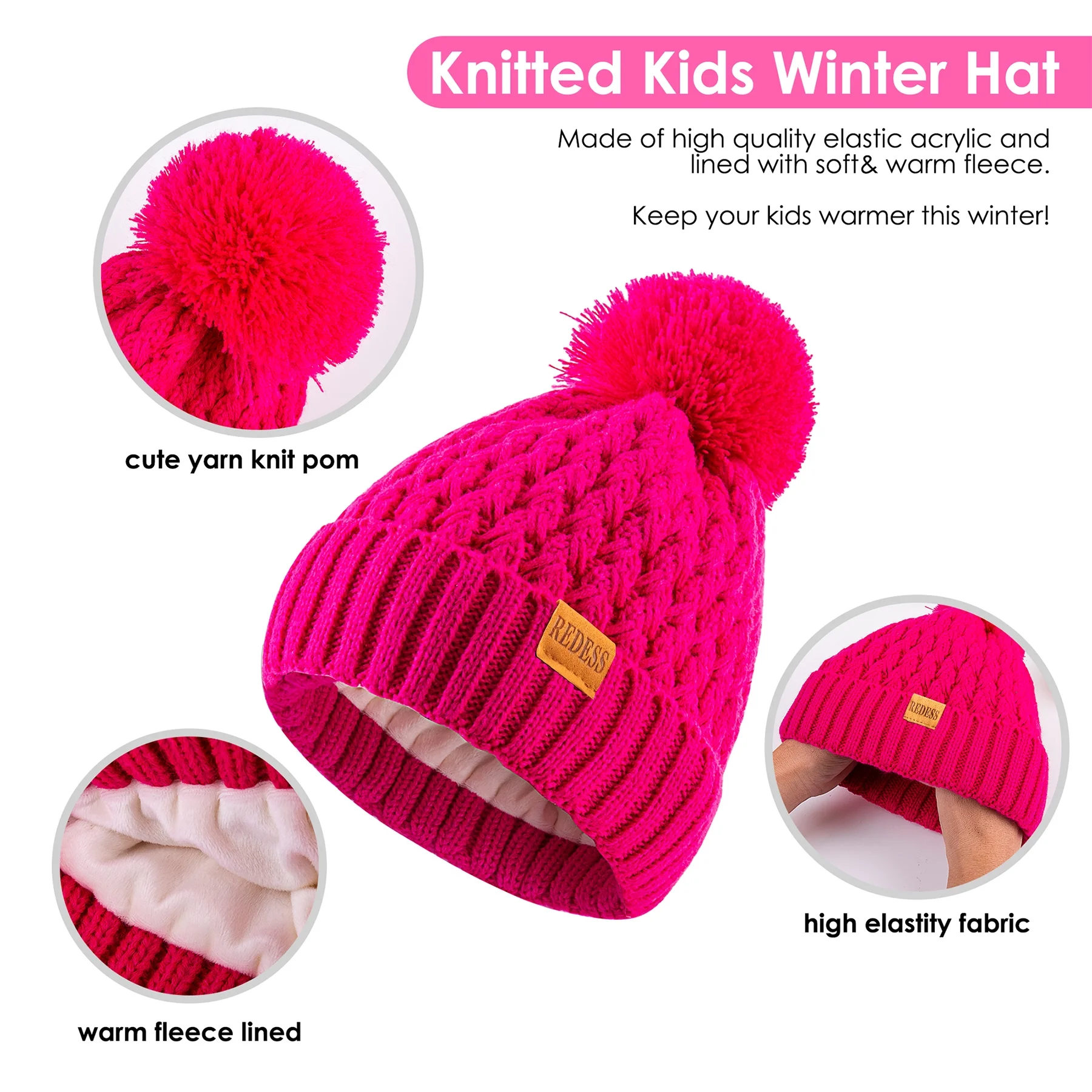 REDESS Kids Winter Beanie Hat, Knit Skull Cap for Girls Boys 3-9 Years Old - Image 6