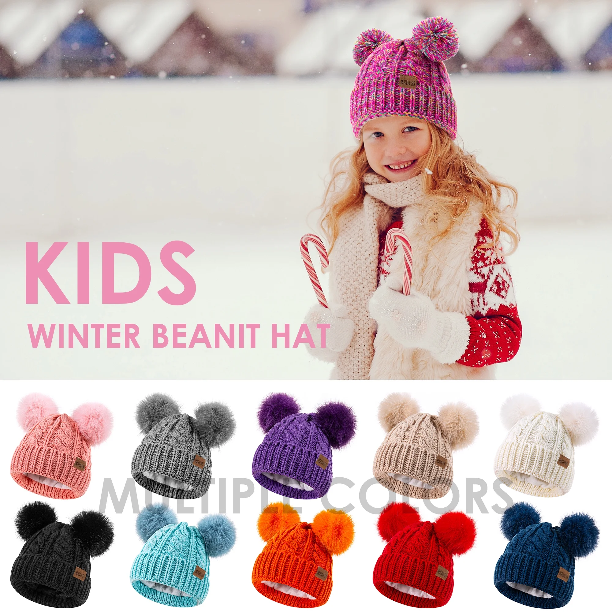 REDESS Kids Winter Beanie Hat with Two Pom-Pom for Girls 3-9 Year Old,Beige - Image 2