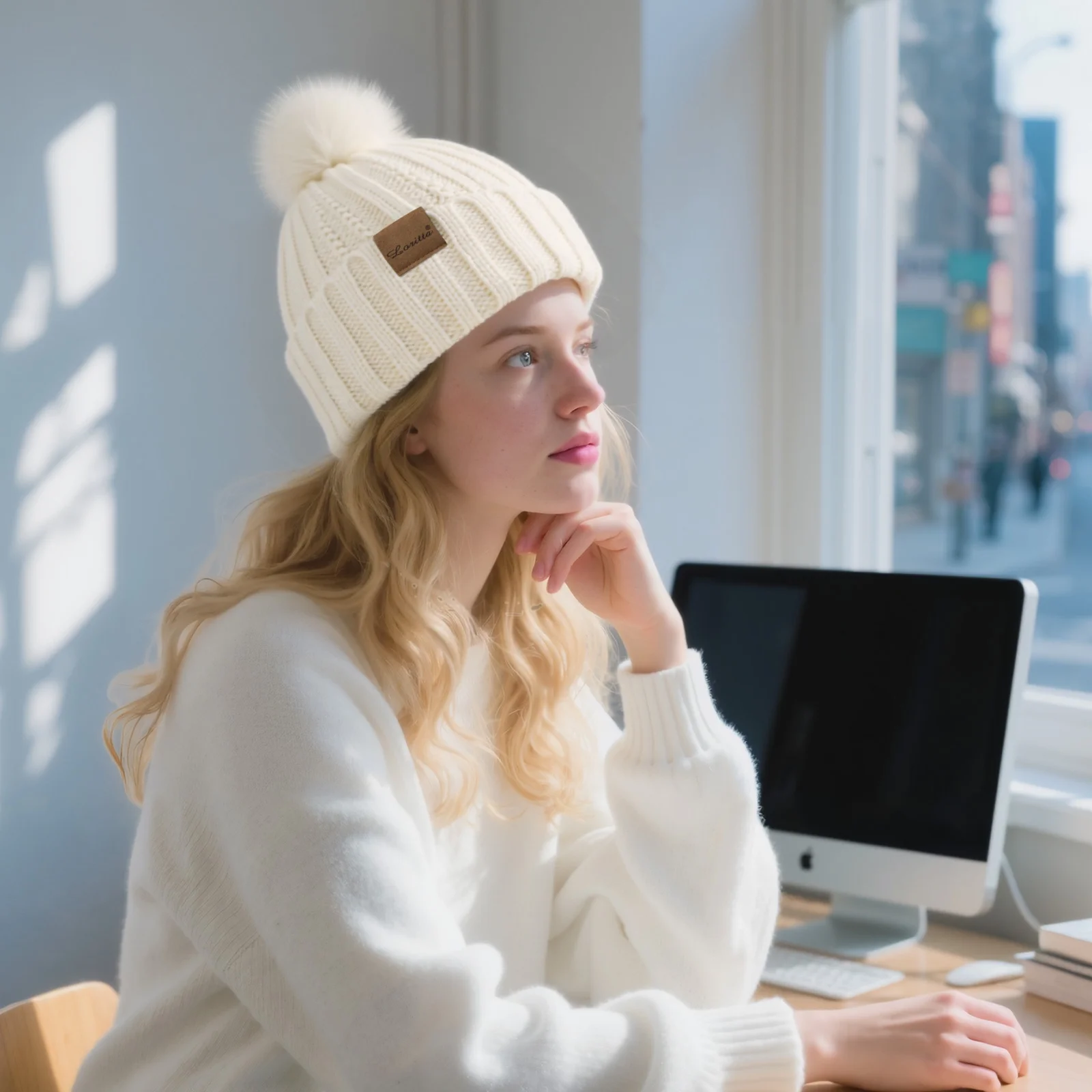 Loritta 2 Packs Womens Satin Silk Lined Beanie Knit Hat Woman Winter Hat with Pom White and Pink - Image 3